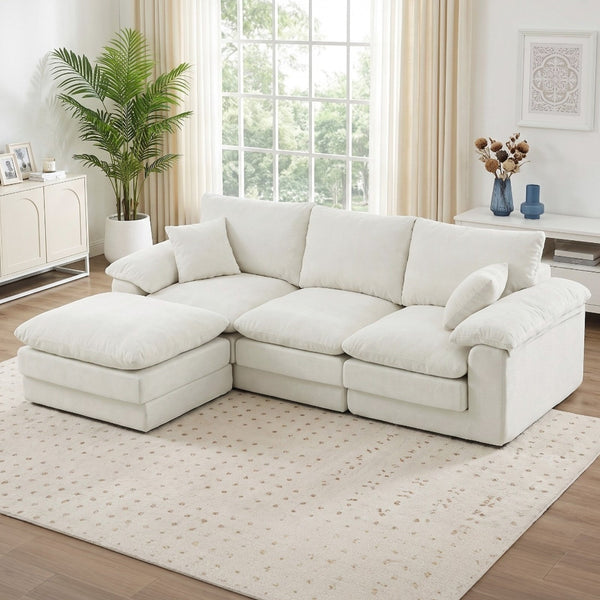 Modular U-Shape Sectional Sofa with Movable Ottoman, Chenille, Beige