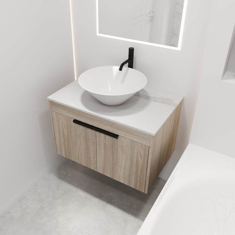 30" Modern Design Float Bathroom Vanity With Ceramic Basin Set, Wall Mounted White Oak Vanity With Soft Close Door, KD-PackingD-Packing Pieces