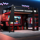 Gaming Loft Bed With Desk, Multi Storage Shelves, LED Lighting, And Hanging Clothes Rack by Unique Piece Furniture