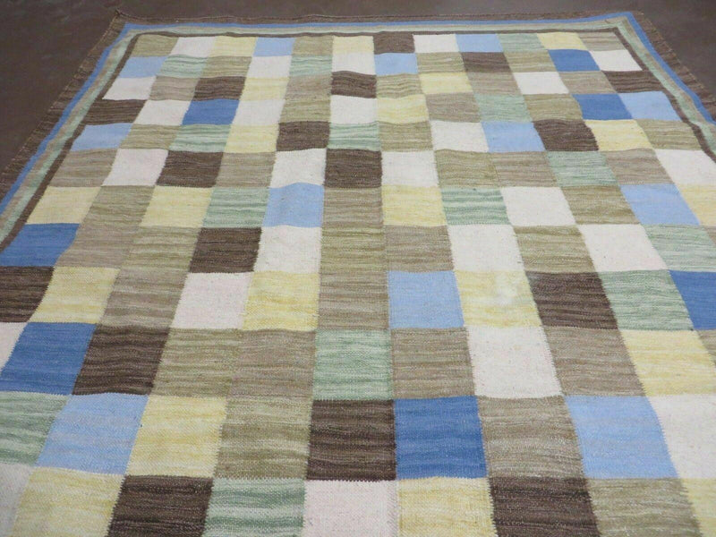 5' X 8' Hand-knotted Kilim Dhurrie Wool Cotton Rug Flat Weave Carpet Checkered Pattern Colorful Multicolor