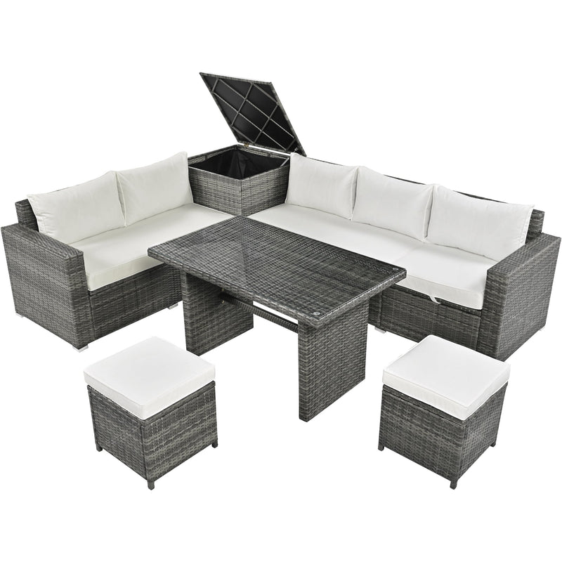 Walker Edison - Outdoor 6-Piece All Weather PE Rattan Sofa Set, Garden Patio Wicker Sectional Furniture Set with Adjustable Seat, Storage Box, Removable Covers and Tempered Glass Top Table, Beige