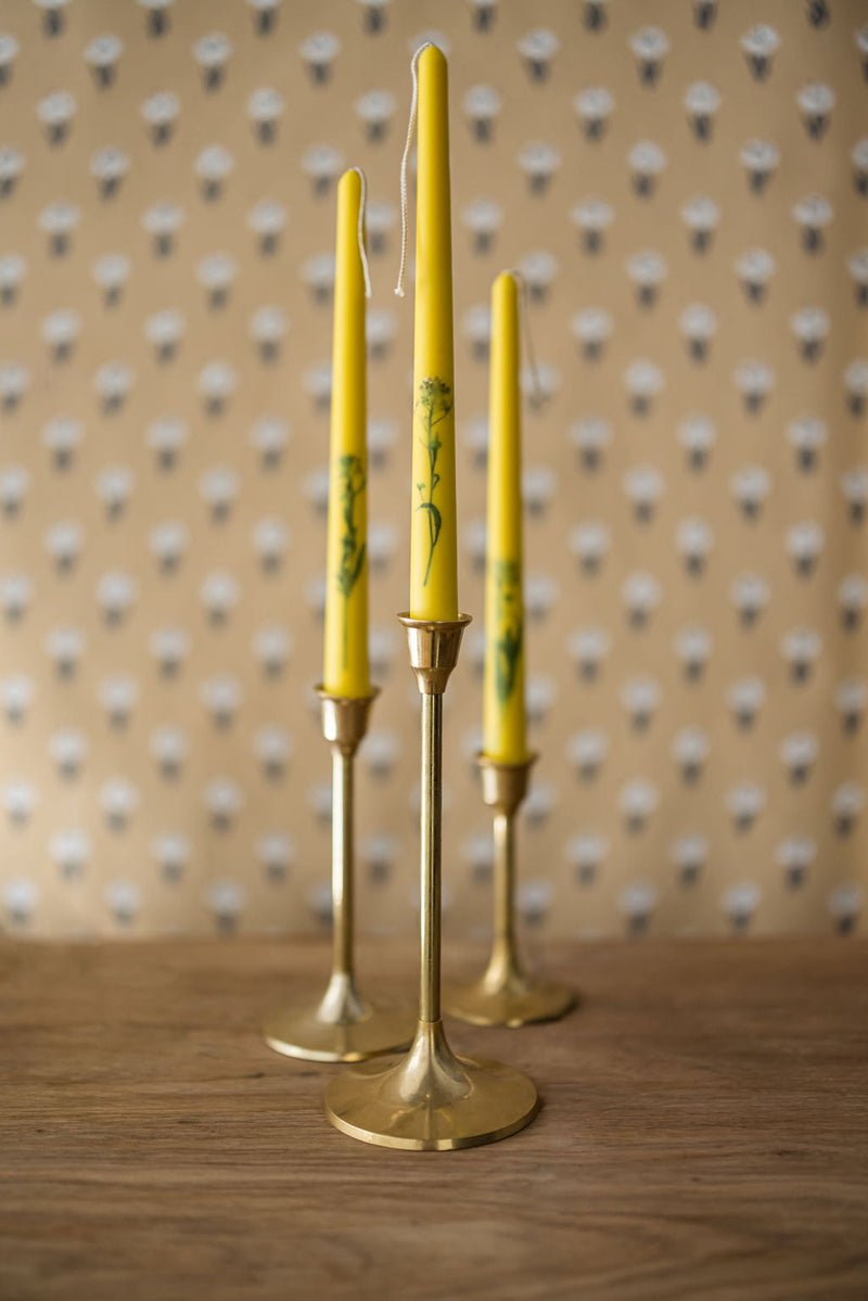 Floral Inlaid Tapered Candles in Yellow- Set of 3