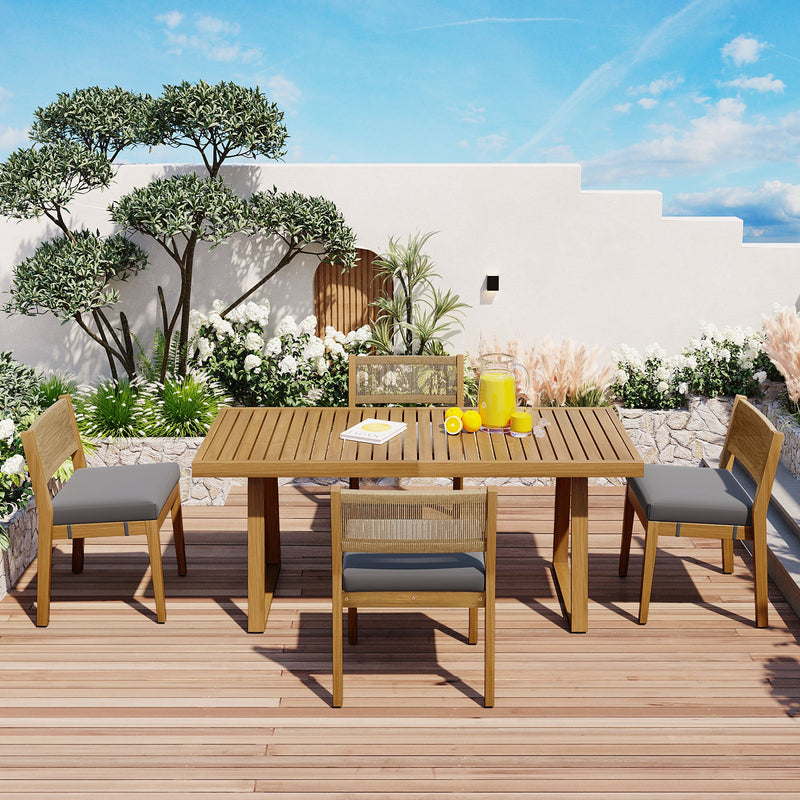 Walker Edison - U_Style Multi-person Outdoor Acacia Wood Dining Table and Chair Set, Thick Cushions, Suitable for Balcony, Vourtyard, and Garden.