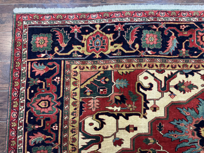 Persian Heriz Serapi Rug 8 x 10.6, Geometric Medallion, Great Colors, Rare, Red Navy Blue Ivory