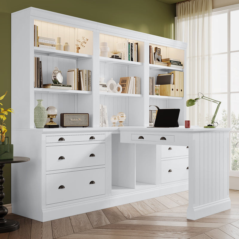 83.4"Tall 2 Bookshelf & 1 Writting Desk Suite,Modern Bookcase Suite with LED Lighting, Drawers,Study Desk and Open Shelves,3-Piece Set Storage Bookshelf for Living Room,Home Office,Study room,White