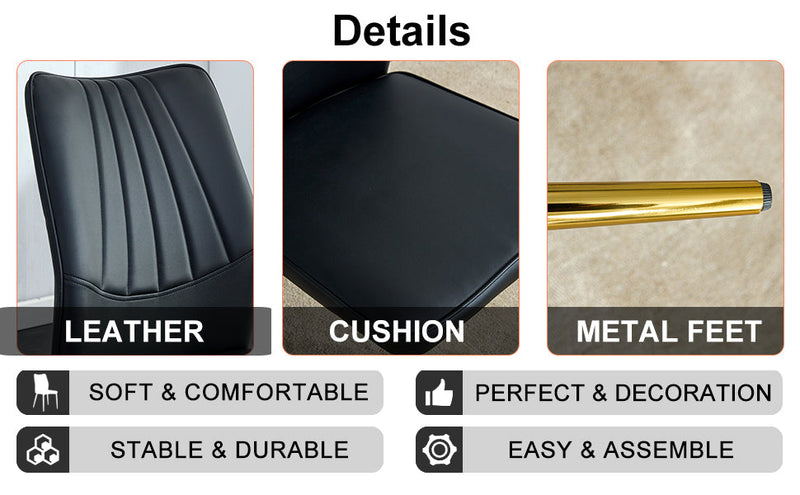 A modern minimalist rectangular dining table suitable for 6-8 people, a set of 6-piece PU leather backrest and gold metal legs modern dining chairs. F-OC