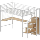 Twin Loft Bed with Desk and Storage Wardrobe, Heavy Duty Loft Bed with Stairs and Metal Grid, Twin Size Loft Bed, No Box Spring Needed, White Loft Bed Twin Size-White