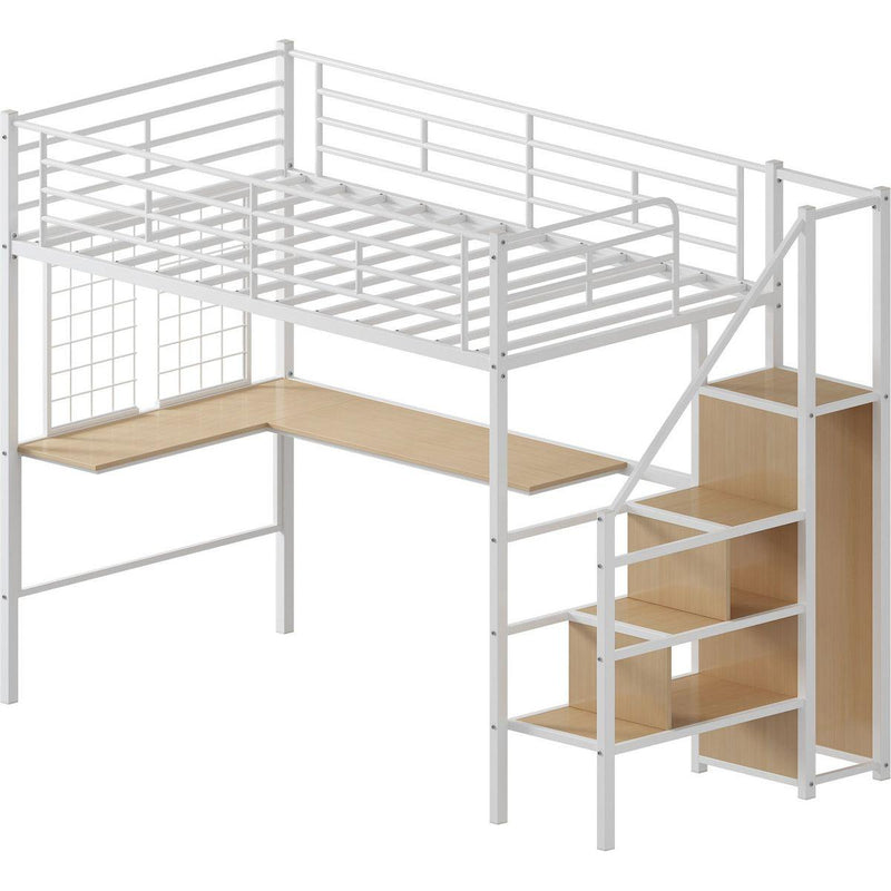 Twin Loft Bed with Desk and Storage Wardrobe, Heavy Duty Loft Bed with Stairs and Metal Grid, Twin Size Loft Bed, No Box Spring Needed, White Loft Bed Twin Size-White