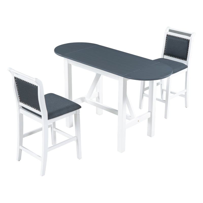 3-Piece Wood Counter Height Drop Leaf Dining Table Set with 2 Upholstered Dining Chairs for Small Place, White+Gray