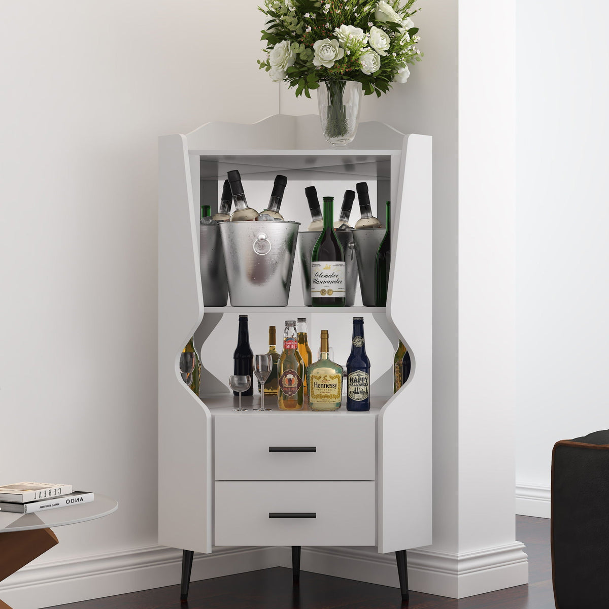 Corner Bar Cabinet With Mirrored Back, 2 Open Shelves & 2 Drawers, photo 5 of 12