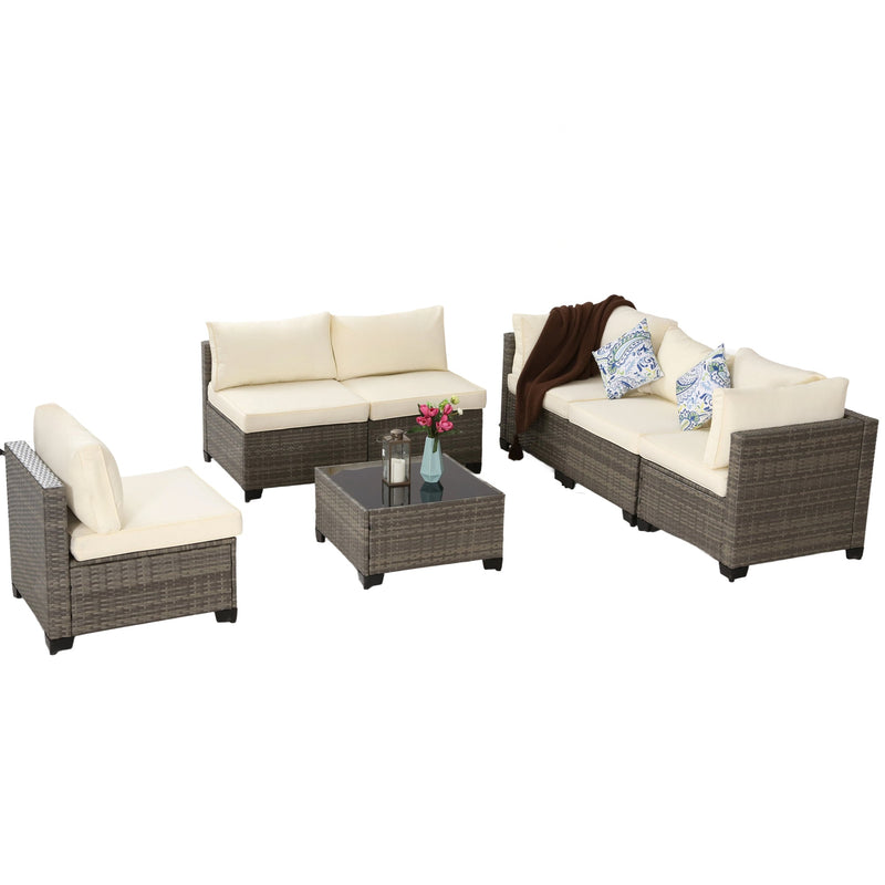 All-Weather 7-Piece Gray PE Wicker Patio Conversation Set with Beige Cushions and coffee table