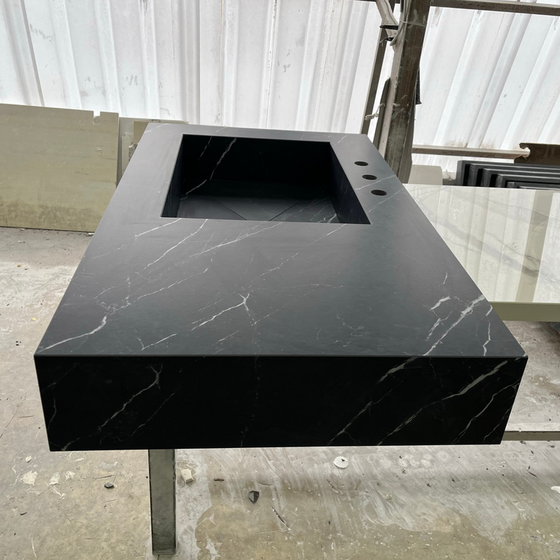 Nero Marquina Black Marble Look Engineered Porcelain Bathroom Sink - Hand-Crafted, photo 2 of 13