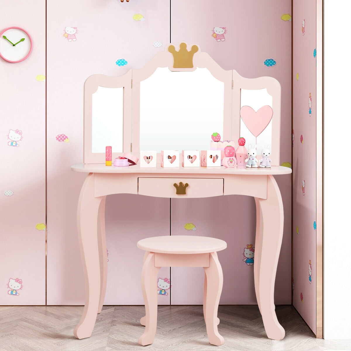 Kids Makeup Dressing Table with Tri-folding Mirror and Stool-Pink, photo 2 of 8