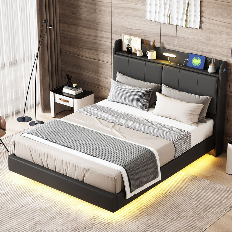 Walker Edison | Modern Upholstered Platform Queen Bed with Floating Bed Frame & Storage Headboard