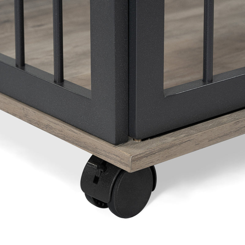 44" Heavy Duty Large Dog Crate Furniture for Large Medium Dog with Lockable Wheels, Wooden Dog Crate Dog Kennel, End Table Crate with Double layer storage, Gray