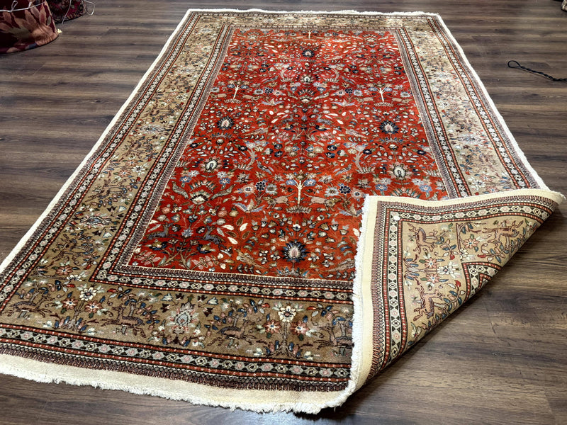 Persian Tabriz Rug 6x10, Burnt Orange and Tan, Animal Pictorials, Deer, Floral, Taba Tabae Carpet