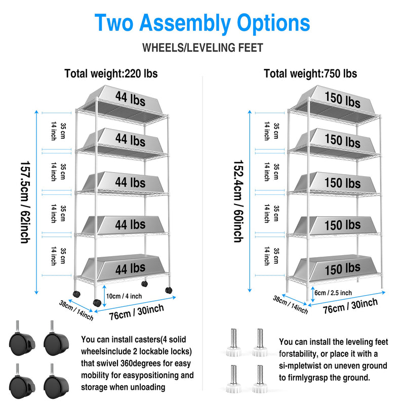 5 Tier Shelf Wire Shelving Unit, NSF Heavy Duty Wire Shelf Metal Large Storage Shelves Height Adjustable Utility for Garage Kitchen Office Commercial Shelving Steel Layer Shelf - White