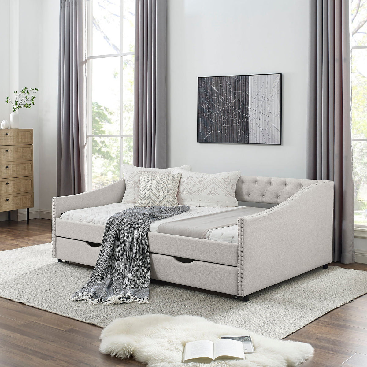 Upholstered Tufted Daybed With Drawers, Waved Arms, photo 12 of 27