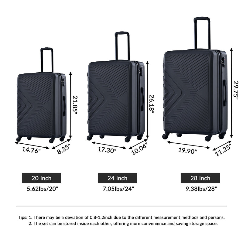 3 Piece Luggage Sets ABS Lightweight Suitcase with Two Hooks, Spinner Wheels, TSA Lock, (20/24/28) Black