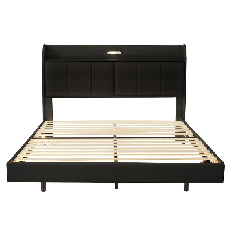 Walker Edison | Modern Upholstered Platform Queen Bed with Floating Bed Frame & Storage Headboard