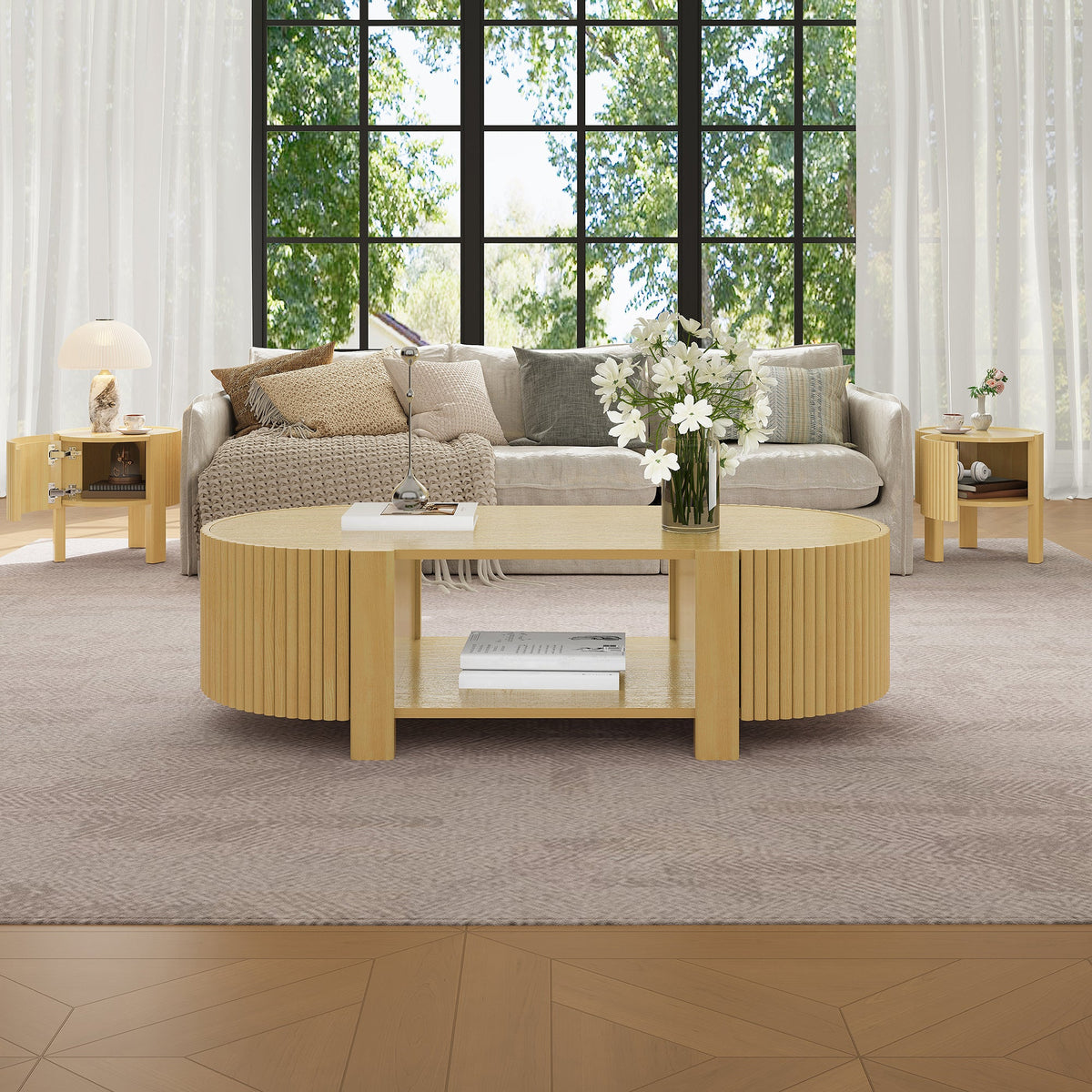 Oval Fluted Coffee Table with Storage for Living Room, photo 6 of 10