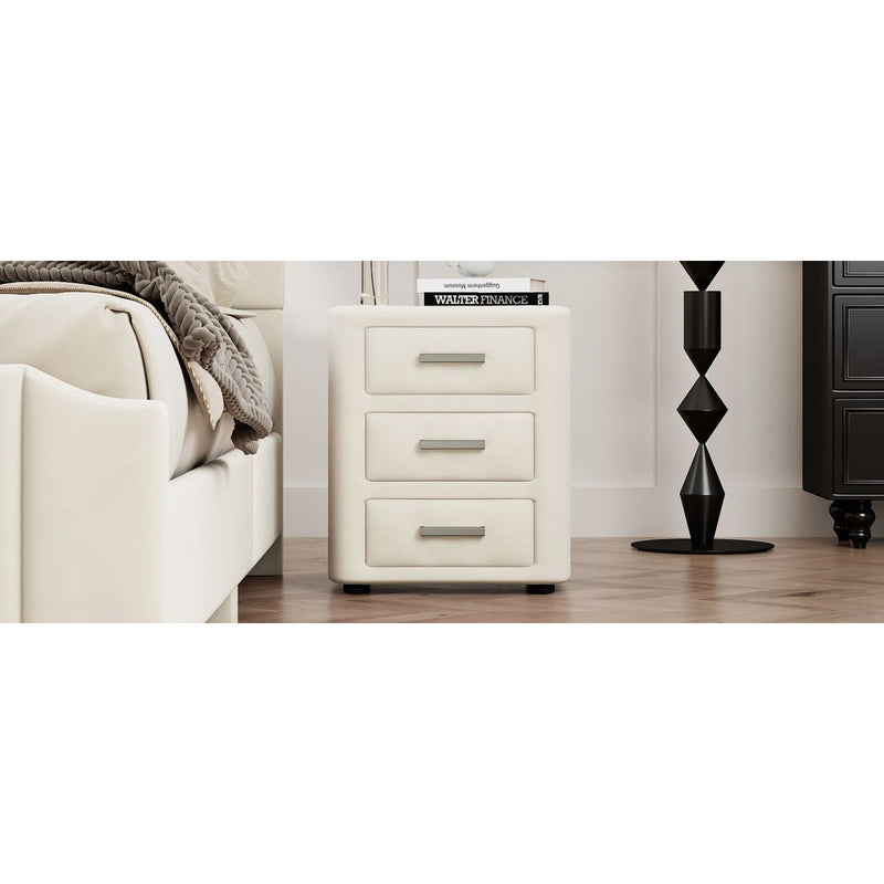 3 Pieces Bedroom Sets Queen Size Velvet Upholstered Platform Bed Vertical Channel Tufted Headboard and Two Three-drawer Nightstands,Beige