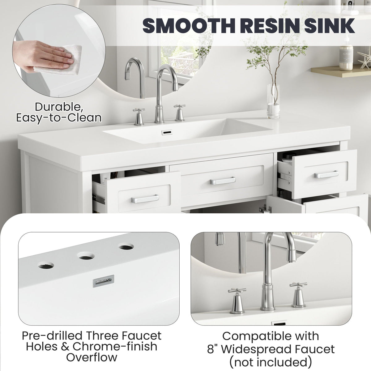 Vanity Top With 3 Faucet Holes, Rectangular Basin For Bathroom - White, photo 2 of 4