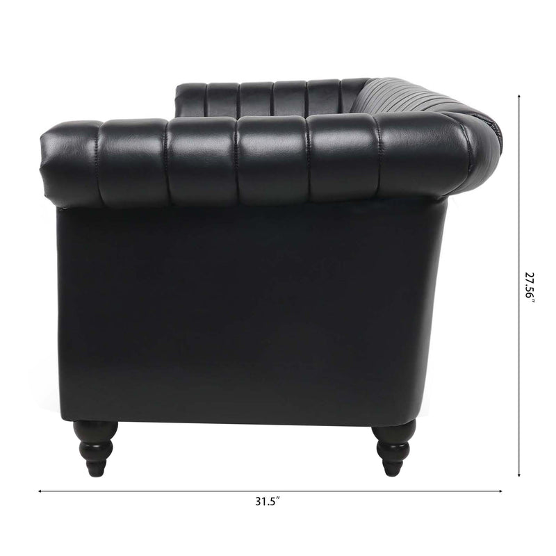 83.46" Black PU Rolled Arm Chesterfield Three Seater Sofa.