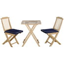 3 Pieces Patio Folding Bistro Set, Outdoor Pine Wood Table and Chairs Set with Tie-on Cushion & Square Coffee Table, Great for Indoor, Poolside, Garden, Dark Blue