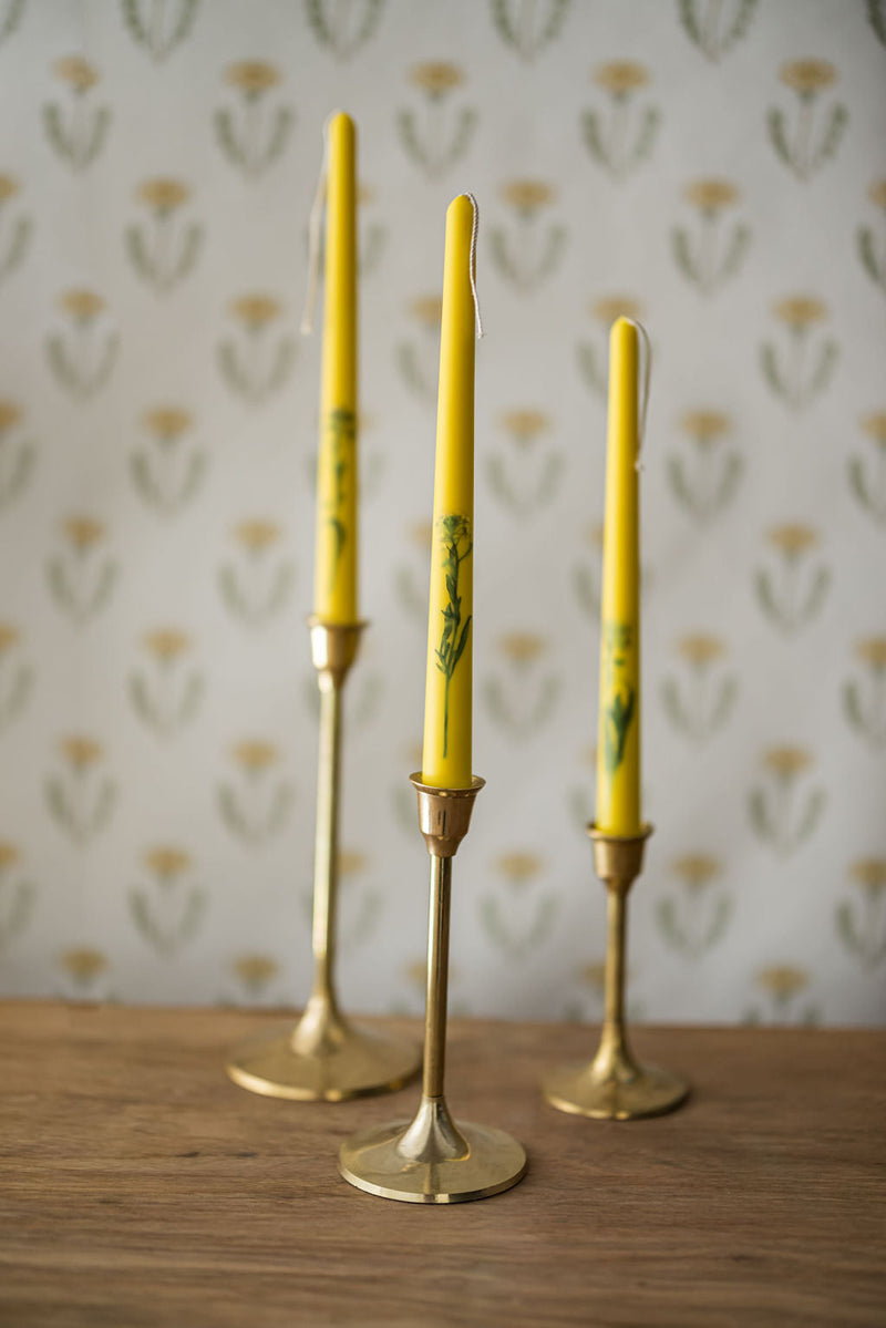 Floral Inlaid Tapered Candles in Yellow- Set of 3