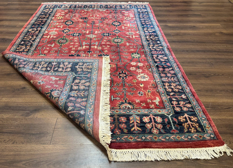 Indo Persian Heriz Serapi Rug 6x8, Rust Red and Navy Blue, Allover Pattern