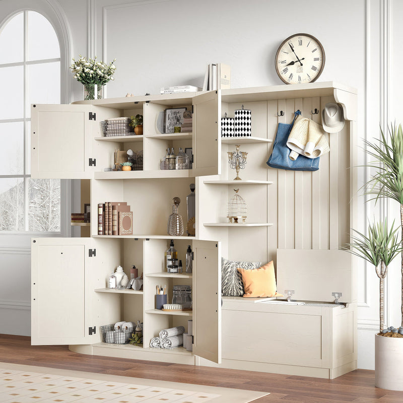 Multifunctional left-right combination hall cabinet (can be used separately) with storage and 4 hooks, storage cabinet/ hall tree 2 in 1 for living room, kitchen and hallway,antique Beige