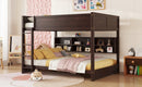 Queen Over Queen Bunk Bed with Built-in Storage Cabinets,Charging Station,Ladder,Safety Guardrails,Solid Pine Wood Bunk Bed,Brwon