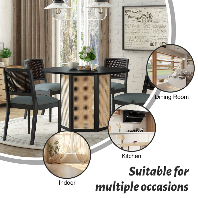5-Piece Rattan Round Dining Table Set, Wood Table with Hexagonal Base and Upholstered Chairs for Dining Room, Kitchen,Indoor Use, Black+Gray