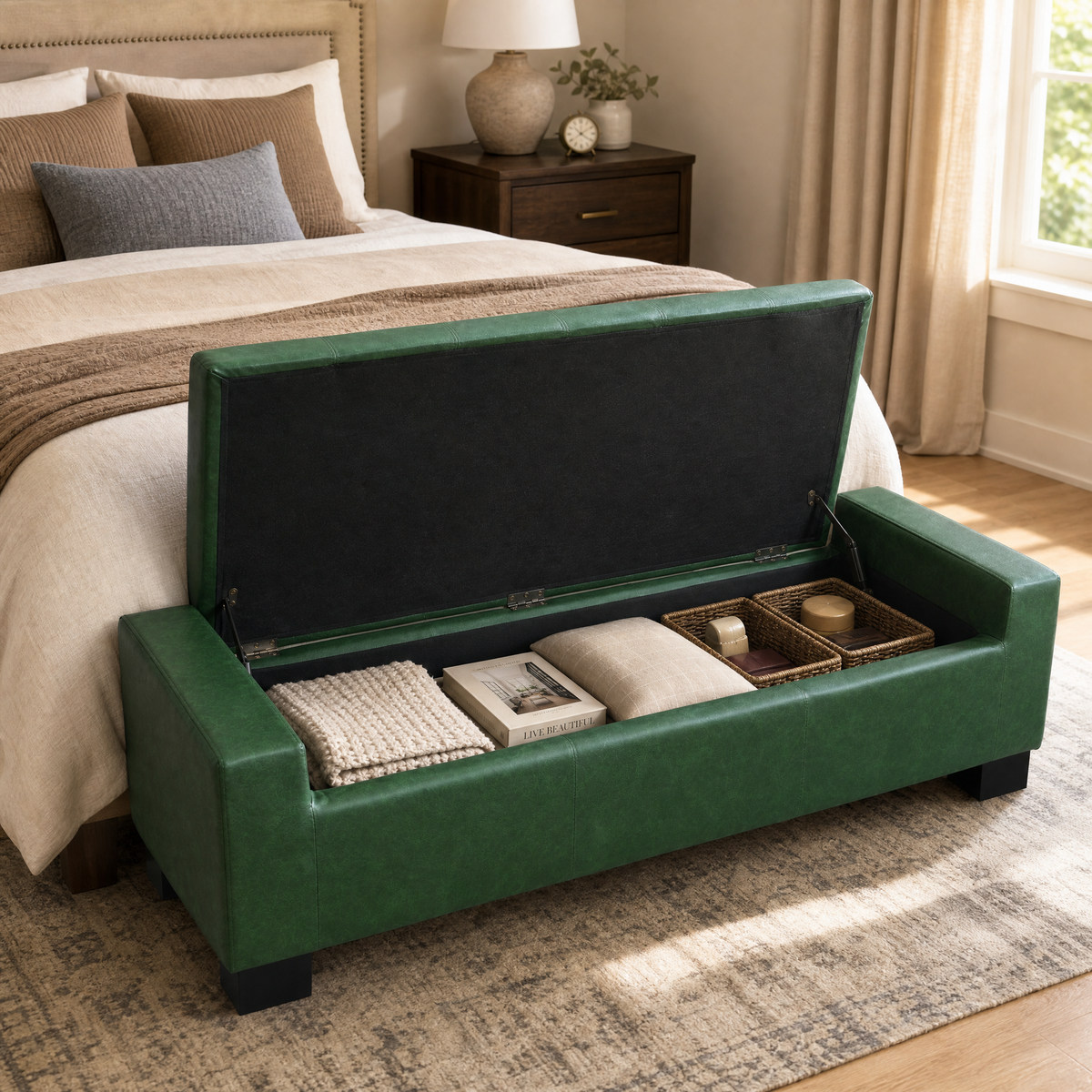 Green Storage Ottoman Bench, PU Upholstered Footrest with Solid Wood Legs, photo 2 of 10