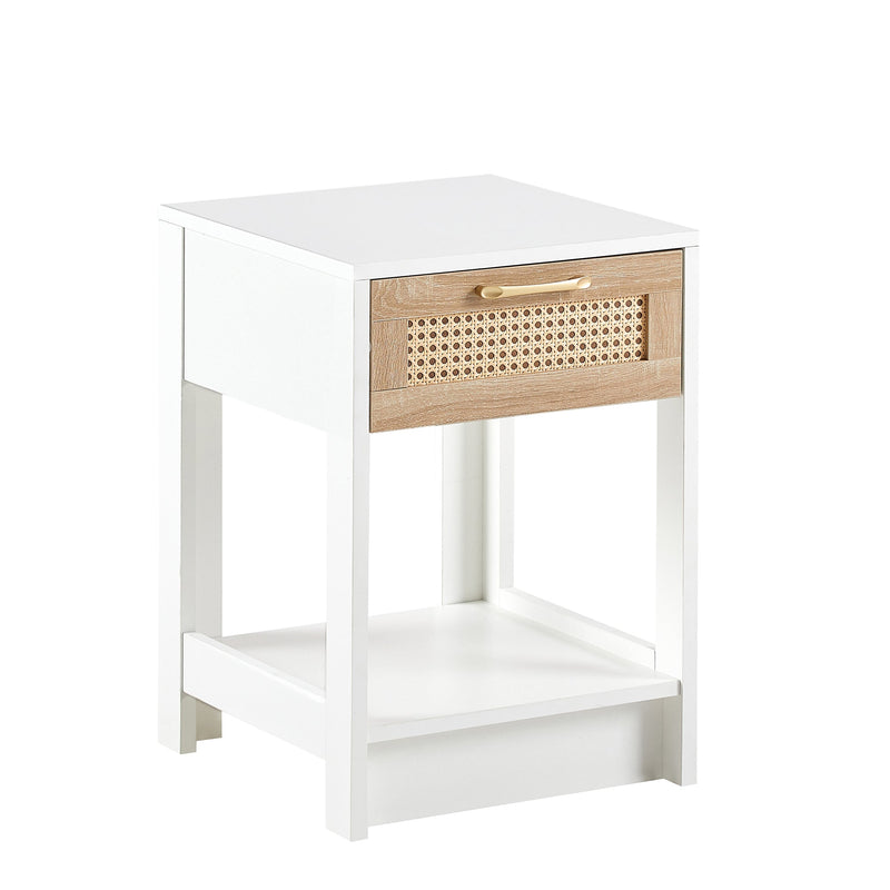 15.75" Rattan End table with drawer, Modern nightstand, side table for living roon, bedroom, white