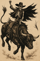 Skeleton Bull Rider – Vintage Western Rodeo Skull Art Print