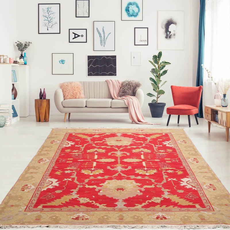 5'10''x8'10'' Hand Knotted Soumak 100% Wool Soumak Traditional Oriental Area Rug Chinese red, Gold Color