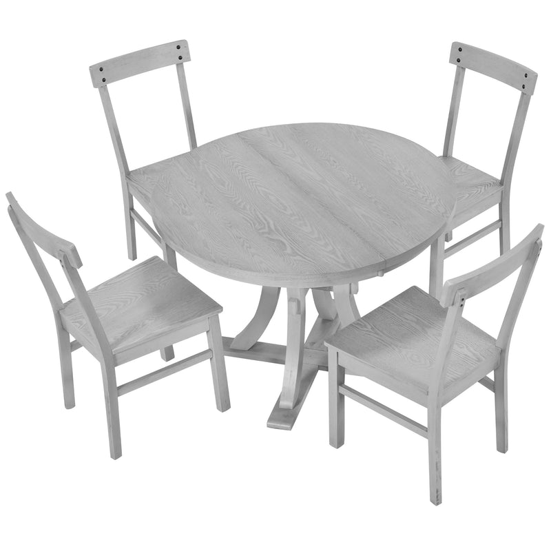 5-Piece Rustic Round Pedestal Extendable Dining Table Set with 15.7" Removable Leaf and Simple Dining Chirs for Small Places, Gray
