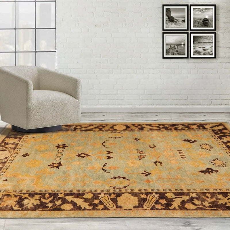6'1''x9'1'' Hand Knotted Oushak 100% Wool Oushak Traditional Oriental Area Rug Pale Aqua, Chocolate Color