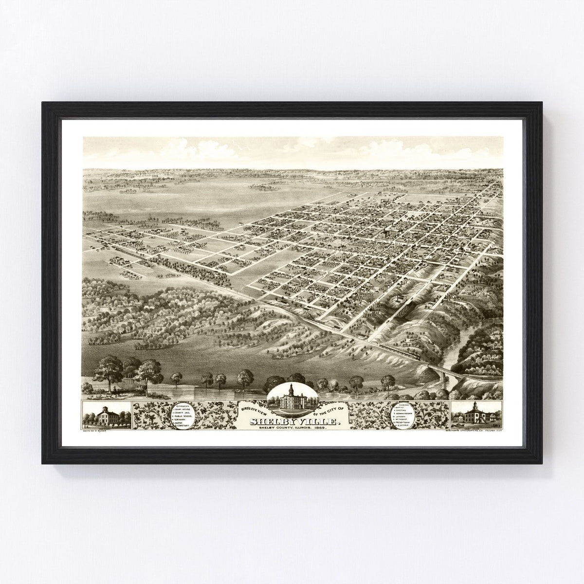Vintage Map of Shelbyville, Illinois 1869