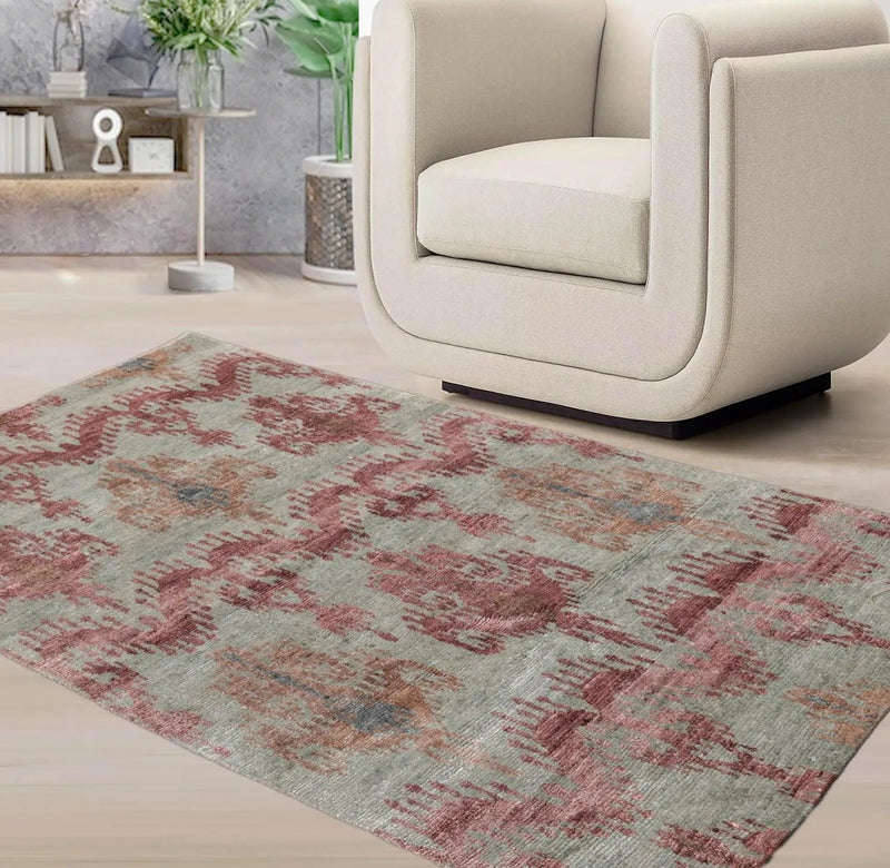 3'9''x5'9'' Hand Knotted Tibetan Wool and Bamboo Tibetan Traditional Oriental Area Rug Gray, Aubergine Color