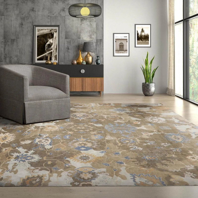 15'8''x15'9'' Hand Knotted Tibetan 100% Wool Oushak Transitional Oriental Area Rug Grayish Brown,Tan Color