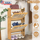 2-Tier Shoe CabinetÊwith 2 Flip Drawers Slim Bamboo Shoe Rack Freestanding Narrow Shoe Organizer with 44lbs Max Load for Entryway Hallway