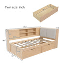 Twin L - Shaped Daybed With Storage Bookcase, Upholstered Headboard, USB Charging Ports & Hidden Drawers - Natural by HouseOfZazla