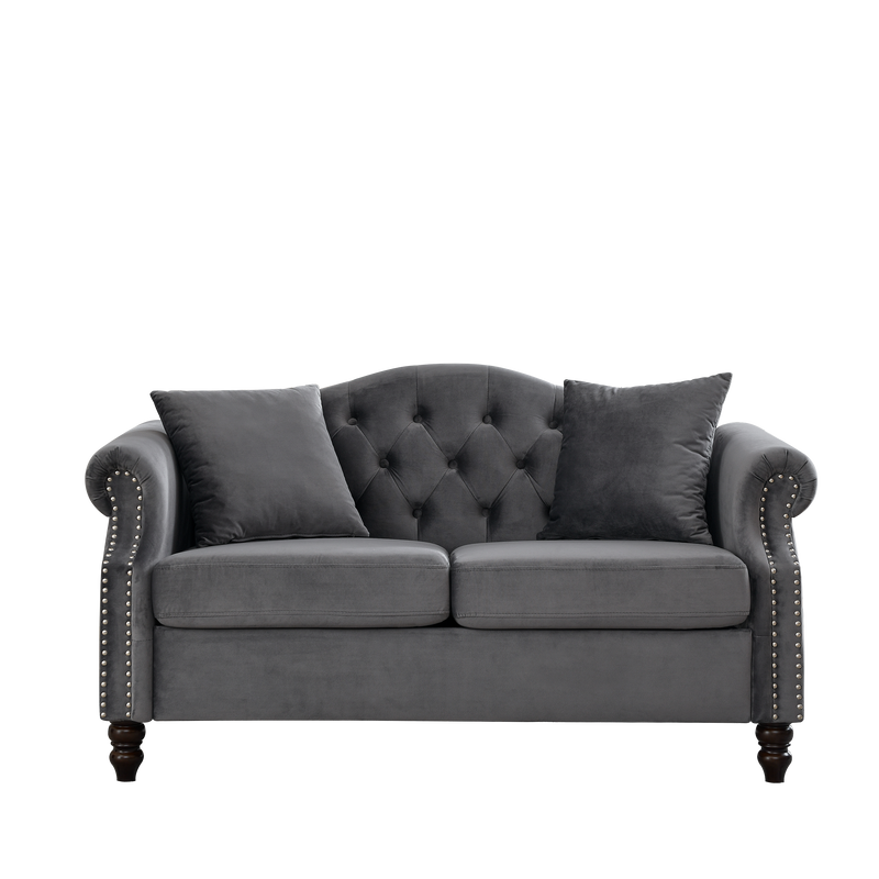 57" Chesterfield Sofa Grey Velvet for Living Room, 2 Seater Sofa Tufted Couch with Rolled Arms and Nailhead for Living Room, Bedroom, Office, Apartment, two pillows
