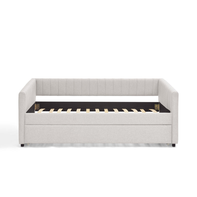 Twin Size Daybed with Trundle Upholstered Sofa Bed, with Vertical Stripes, Linen Fabric, Beige  (82.5'x43'x30')