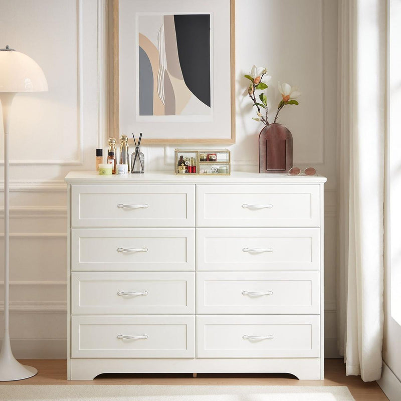 Modern 3 Drawer Bedroom Chest of Drawers with 8 Drawers Dresser, Clothes Organizer -Metal Pulls for Living Room, Bedroom, Hallway, White, 47.6" x 15.7" x 36.7"