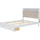 Wood Queen Size Platform Bed with Upholstered Headboard and LED and 2 Drawers, Antique White