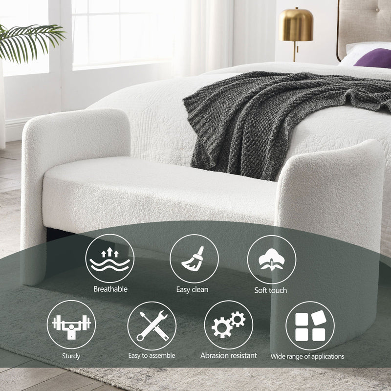 52" Bench for Bedroom End of Bed Modern Contemporary Design Ottoman Couch Long Bench Window Sitting Fireplace Bench, Teddy White (Ivory)